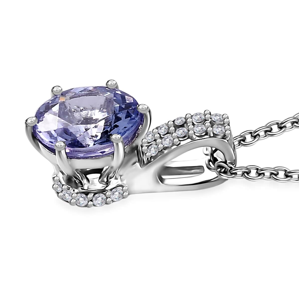 Tanzanite, White Zircon Pendant Necklace (20 Inches) in Rhodium Over Sterling Silver 1.55 ctw image number 3