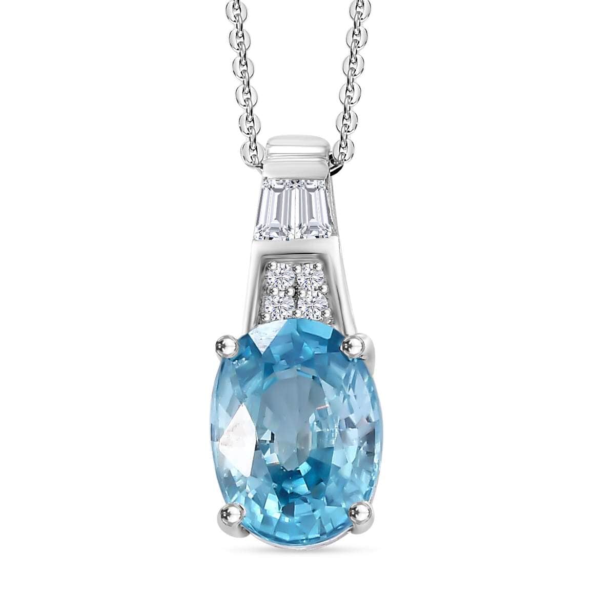 Cambodian Blue Zircon and White Zircon 3.20 ctw Art Deco Pendant Necklace in Rhodium Over Sterling Silver 20 Inches image number 0