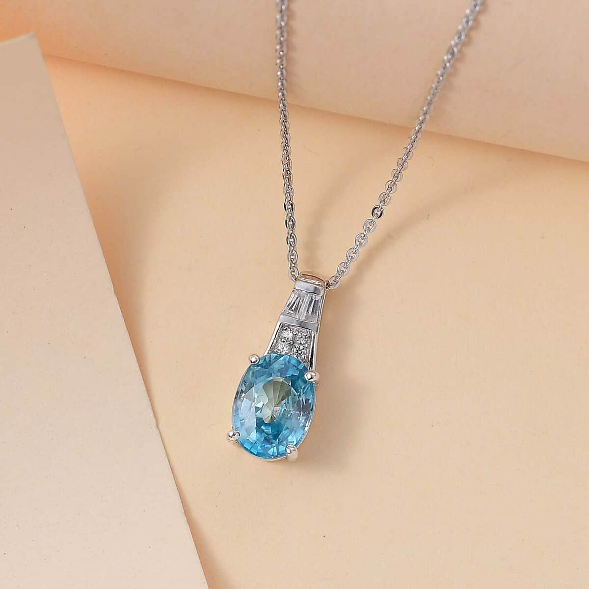 Cambodian Blue Zircon and White Zircon 3.20 ctw Art Deco Pendant Necklace in Rhodium Over Sterling Silver 20 Inches image number 1