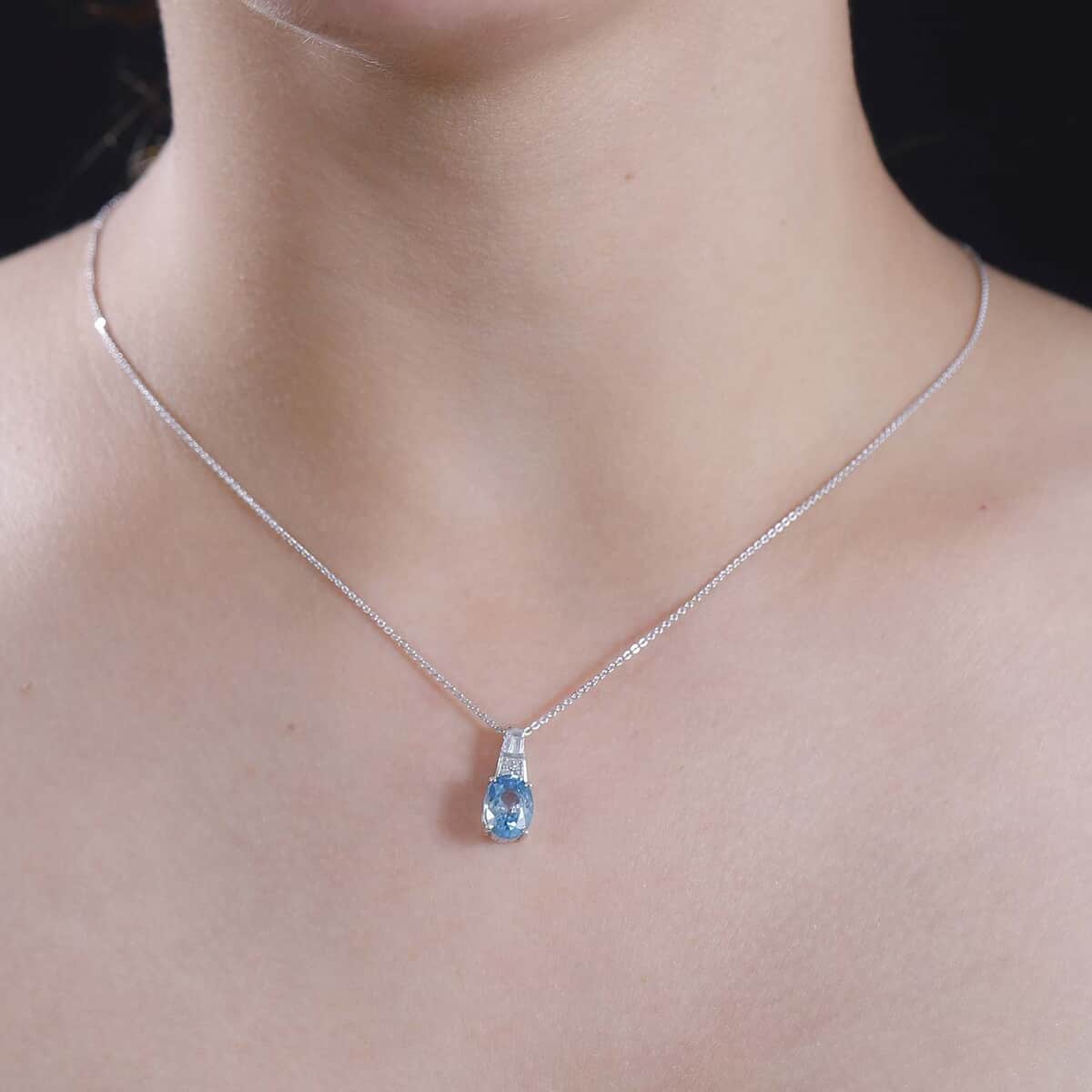 Cambodian Blue Zircon and White Zircon 3.20 ctw Art Deco Pendant Necklace in Rhodium Over Sterling Silver 20 Inches image number 2