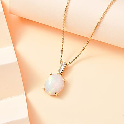 Premium Ethiopian Welo Opal and Diamond 2.90 ctw Pendant Necklace in 18K Vermeil Yellow Gold Over Sterling Silver 20 Inches