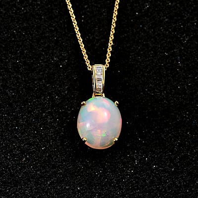 Premium Ethiopian Welo Opal and Diamond 2.90 ctw Pendant Necklace in 18K Vermeil Yellow Gold Over Sterling Silver 20 Inches