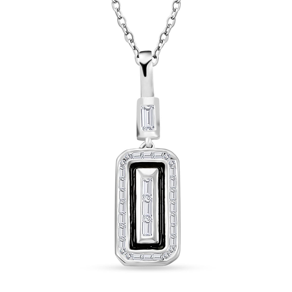 Clarte Black Tie Collection Moissanite and Black Enameled Pendant Necklace 18 Inches in Platinum Over Sterling Silver 0.20 ctw