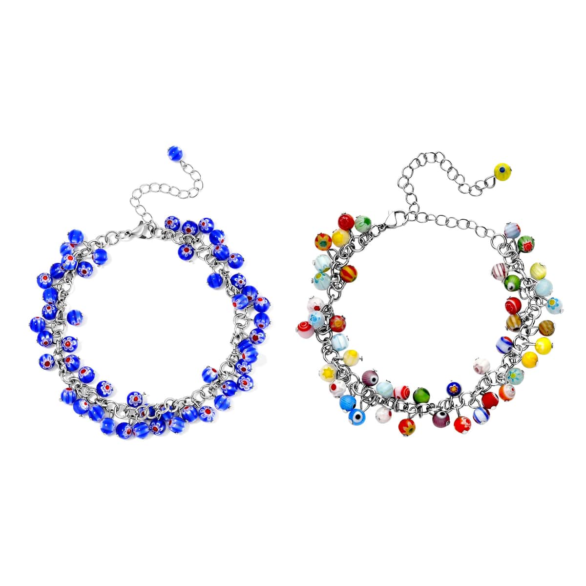 Set of 2 Multi and Blue Color Murano Style Anklet in Stainless Steel (9.00-11.00In) image number 0