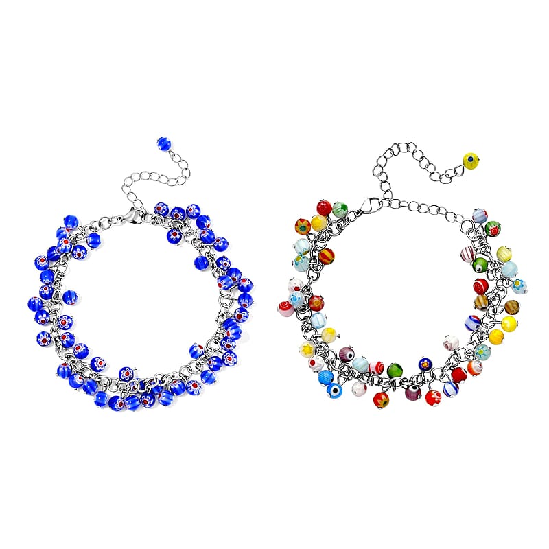 Set of 2 Multi and Blue Color Murano Style Anklet in Stainless Steel (9.00-11.00In)