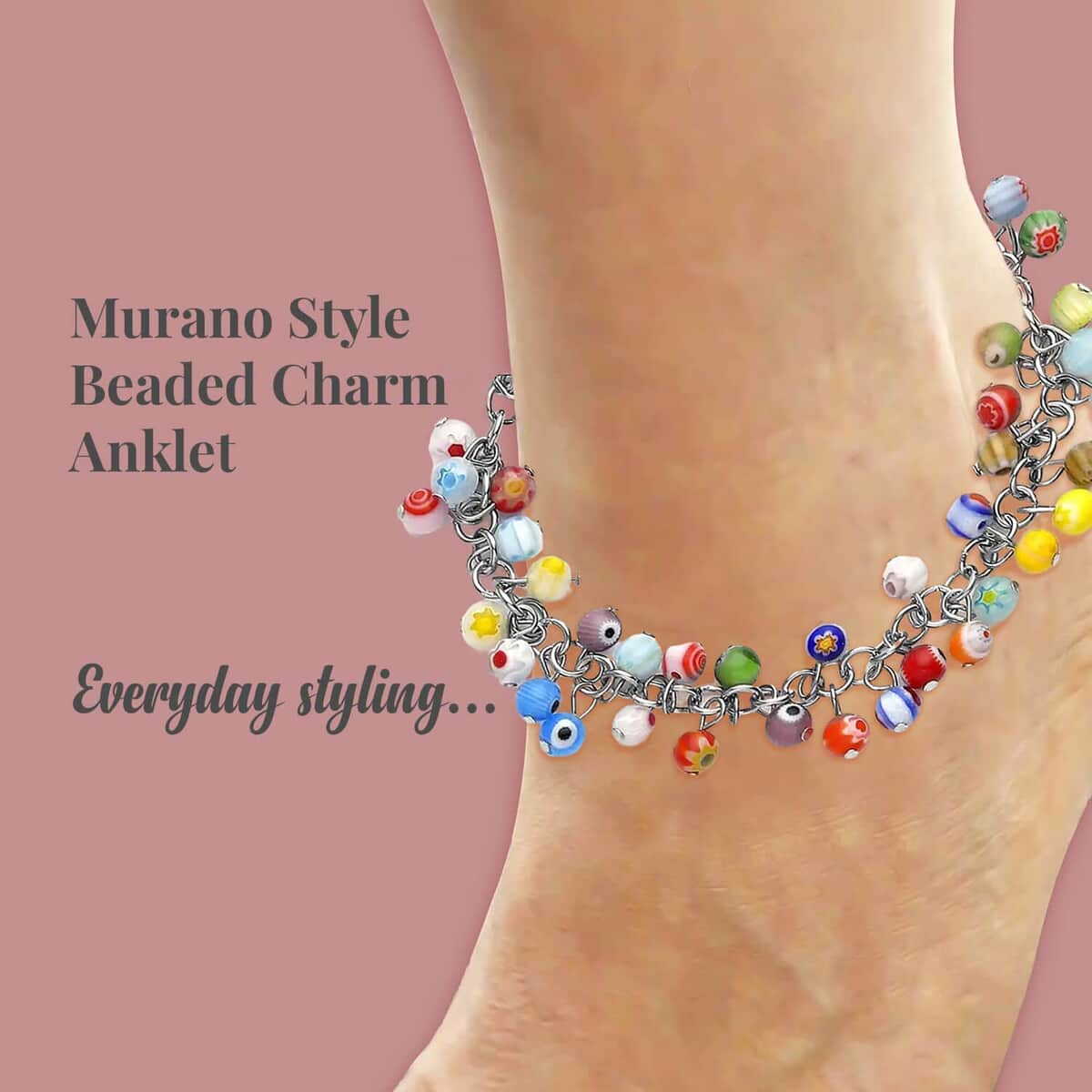 Set of 2 Multi and Blue Color Murano Style Anklet in Stainless Steel (9.00-11.00In) image number 3