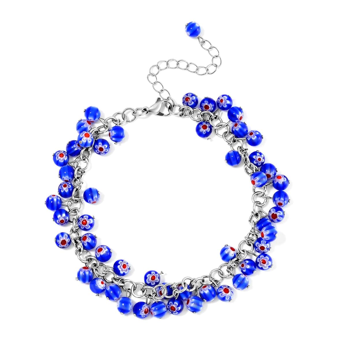 Set of 2 Multi and Blue Color Murano Style Anklet in Stainless Steel (9.00-11.00In) image number 6