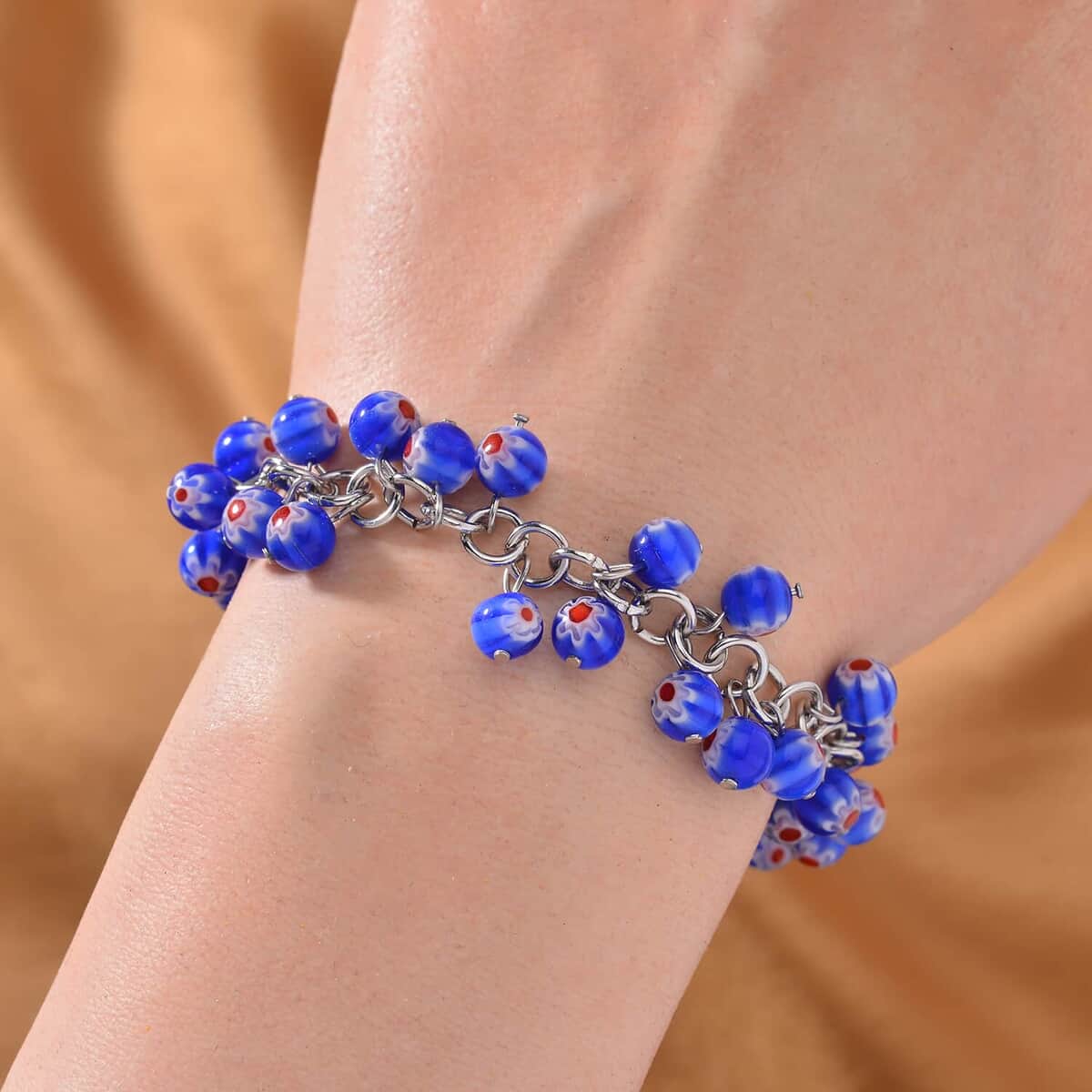 Set of 2 Multi and Blue Color Murano Style Anklet in Stainless Steel (9.00-11.00In) image number 7