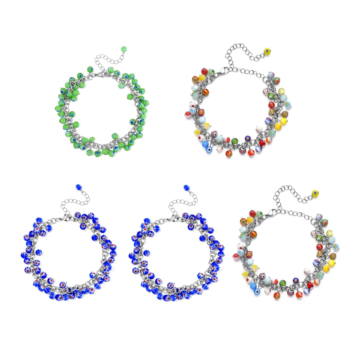 Set of 5 Multi Color Murano Style Anklet in Stainless Steel (9.00-11.00In) image number 0