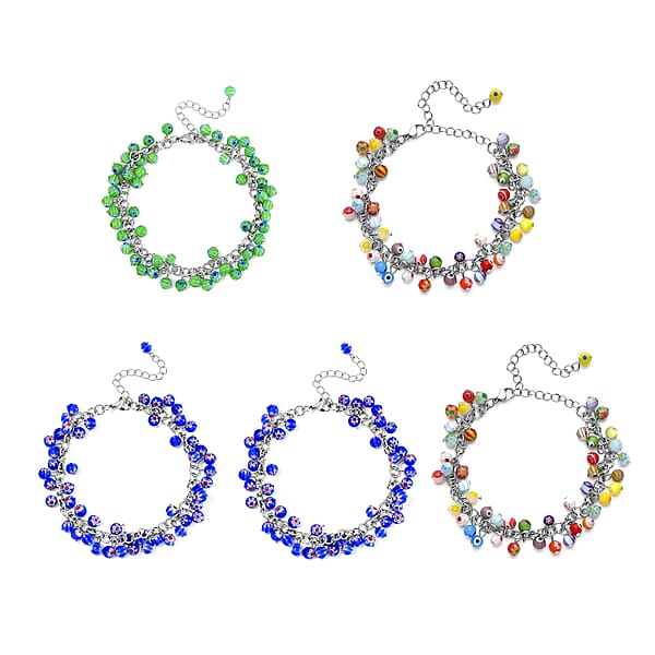 Set of 5 Multi Color Murano Style Anklet in Stainless Steel (9.00-11.00In)