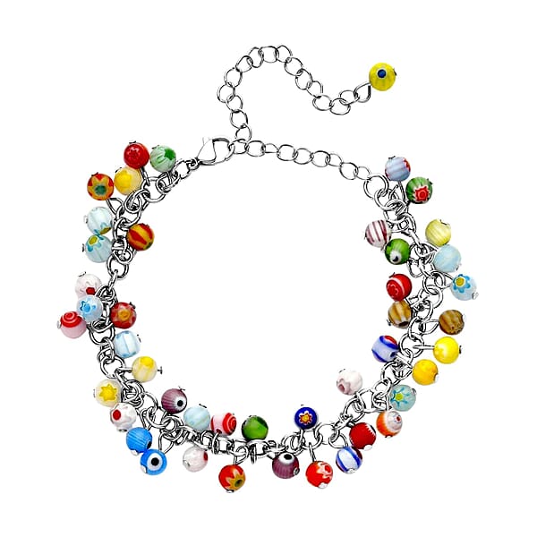 Set of 5 Multi Color Murano Style Anklet in Stainless Steel (9.00-11.00In)