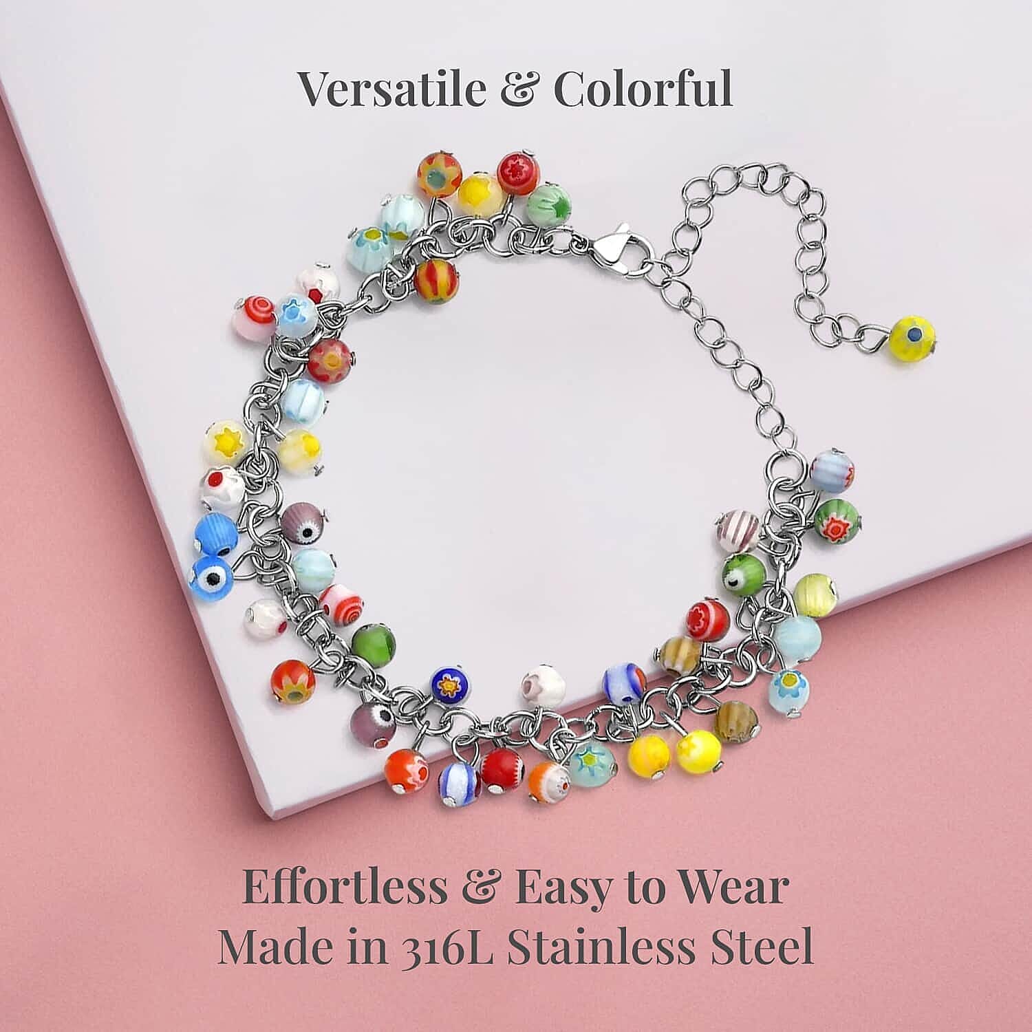 Set of 5 Multi Color Murano Style Anklet in Stainless Steel (9.00-11.00In)