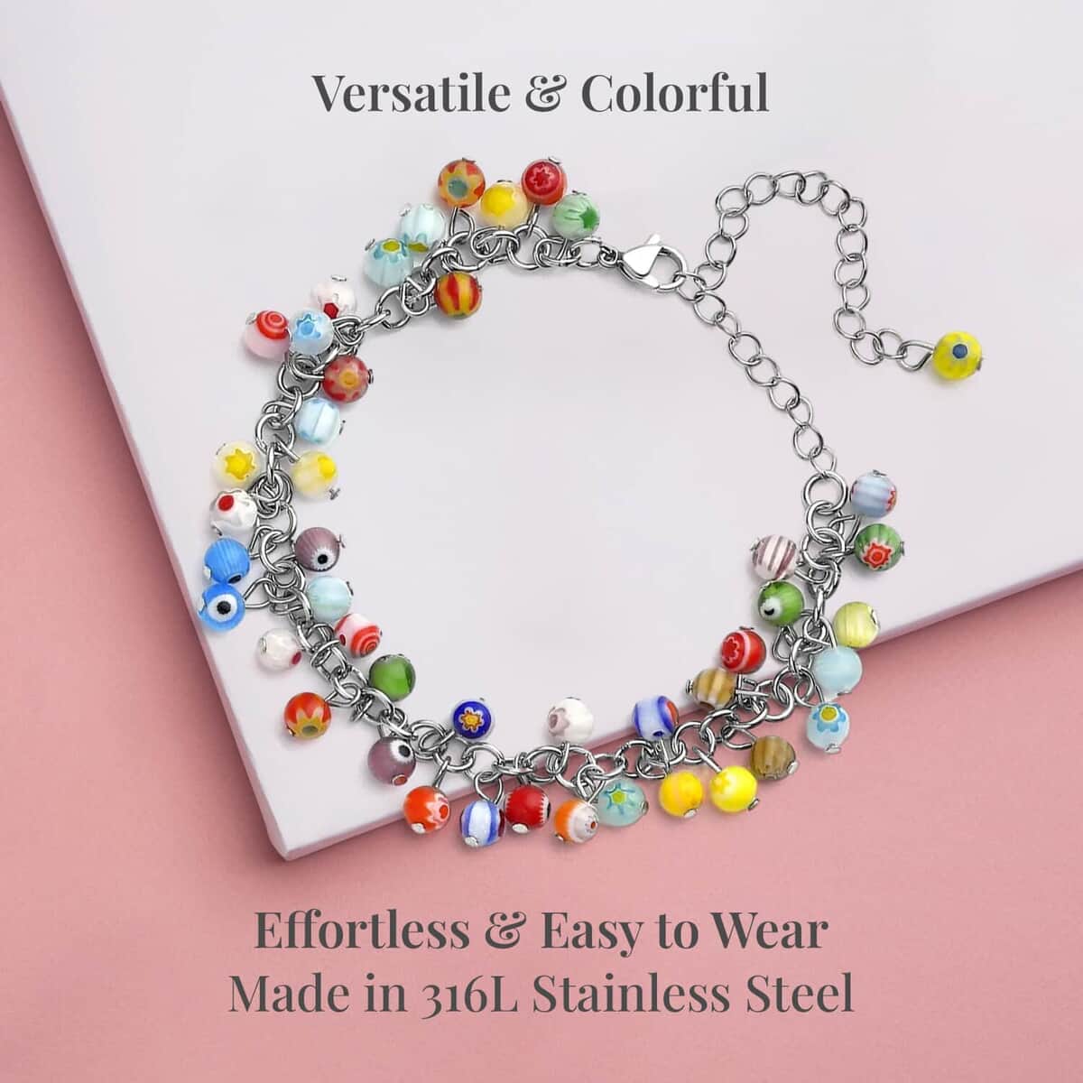 Set of 5 Multi Color Murano Style Anklet in Stainless Steel (9.00-11.00In) image number 4