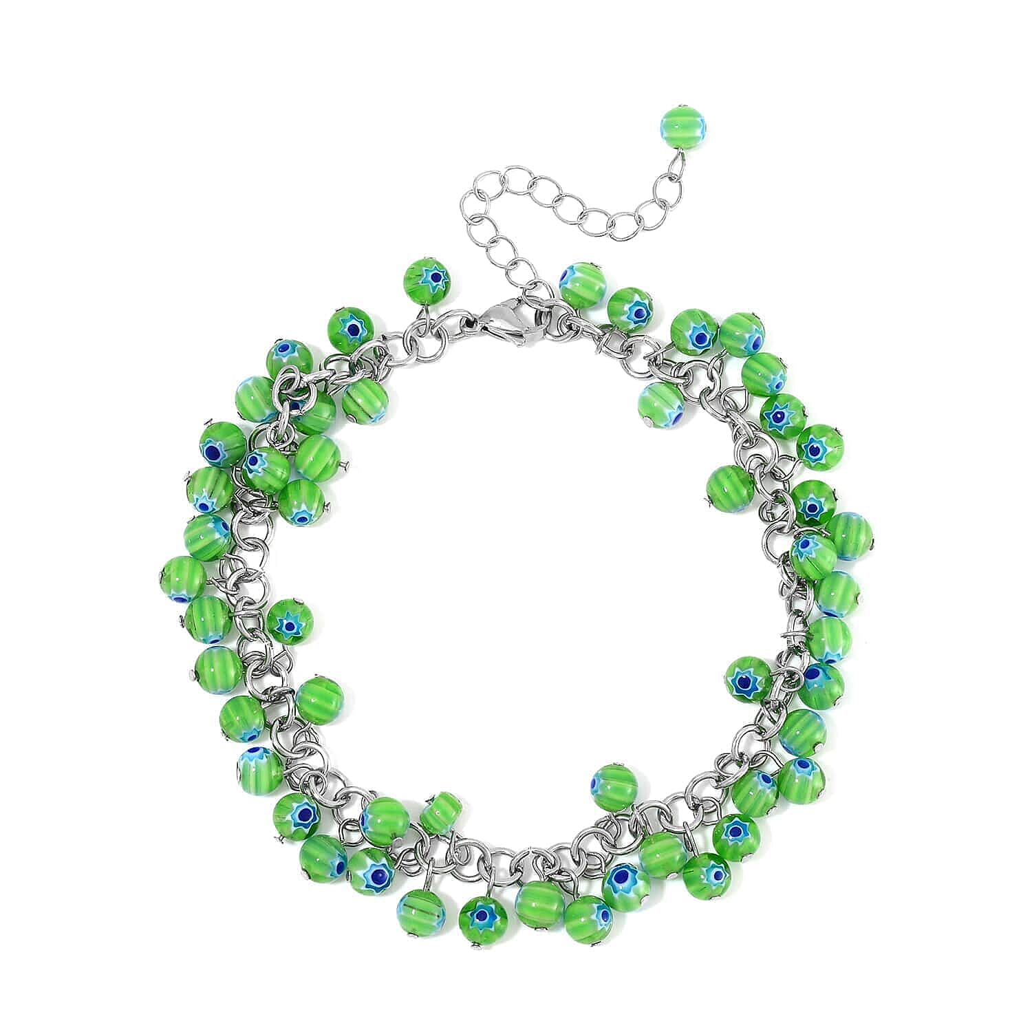 Set of 5 Multi Color Murano Style Anklet in Stainless Steel (9.00-11.00In)
