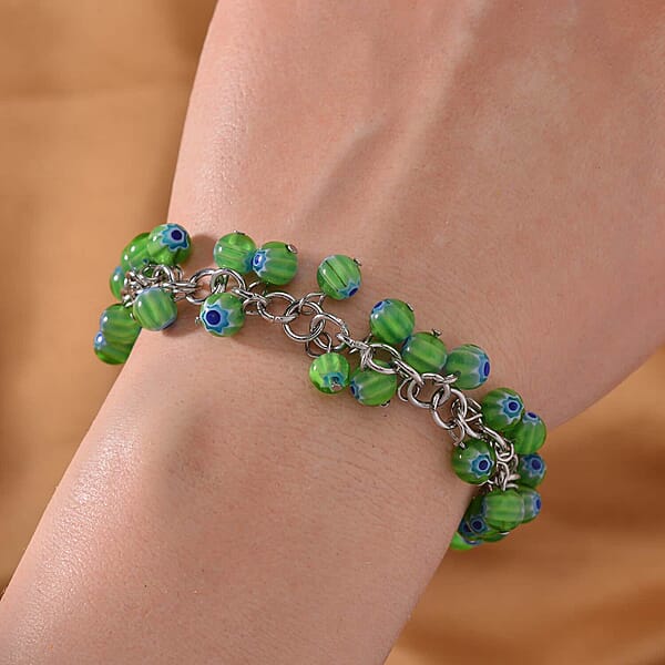 Set of 5 Multi Color Murano Style Anklet in Stainless Steel (9.00-11.00In)
