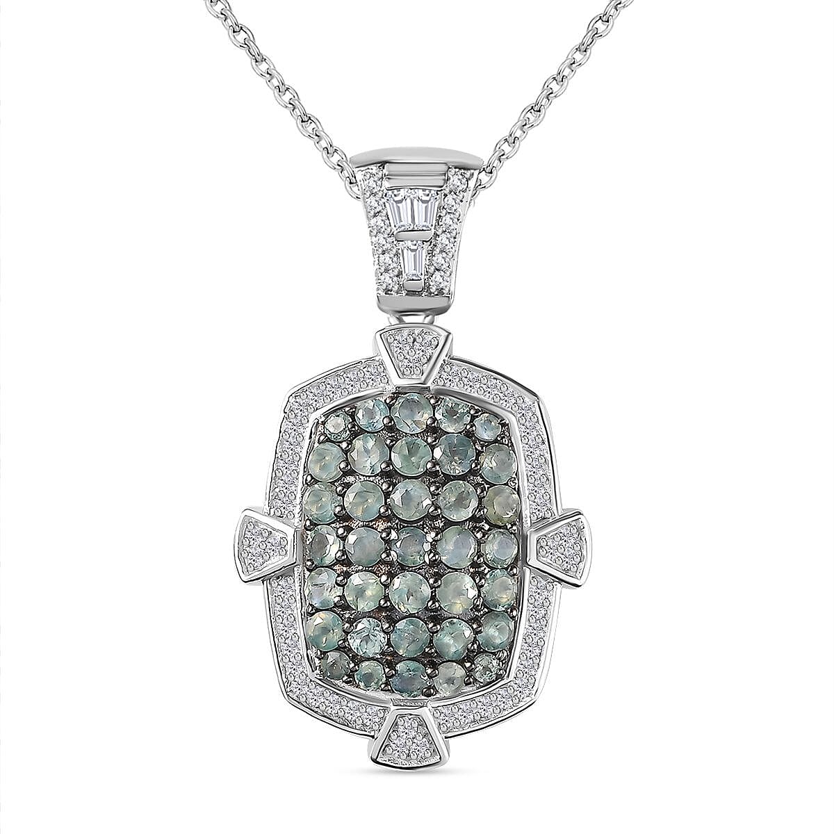 Narsipatnam Alexandrite and White Zircon Art and Deco Pendant Necklace 20 Inches in Rhodium Over Sterling Silver 2.60 ctw