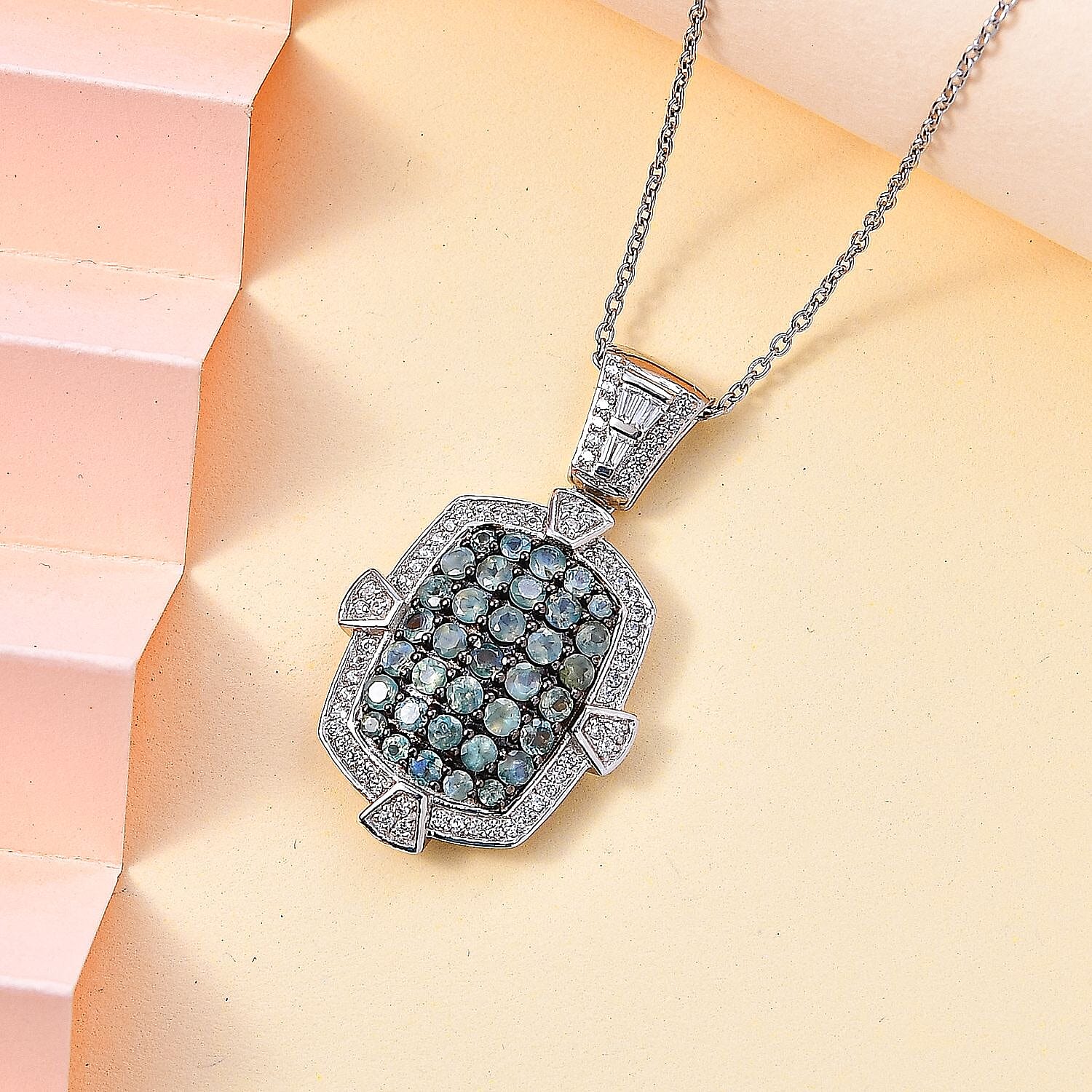 Narsipatnam Alexandrite and White Zircon Art and Deco Pendant Necklace 20 Inches in Rhodium Over Sterling Silver 2.60 ctw