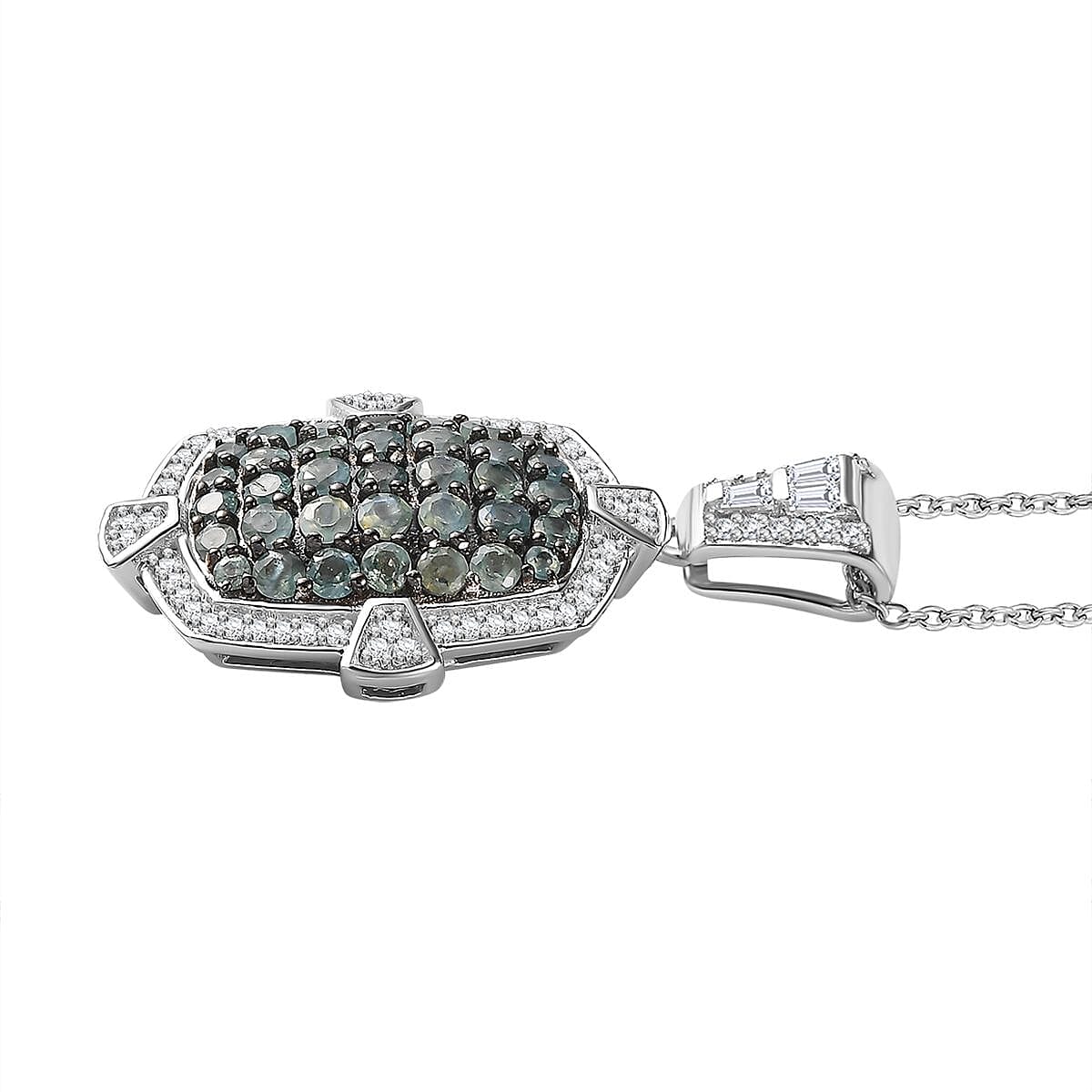 Narsipatnam Alexandrite and White Zircon Art and Deco Pendant Necklace 20 Inches in Rhodium Over Sterling Silver 2.60 ctw