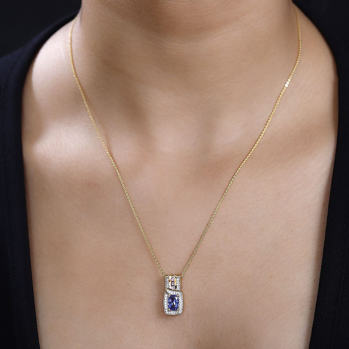 Tanzanite and Multi Gemstone Pendant Necklace 20 Inches in 18K Vermeil Yellow Gold Over Sterling Silver 1.55 ctw image number 2