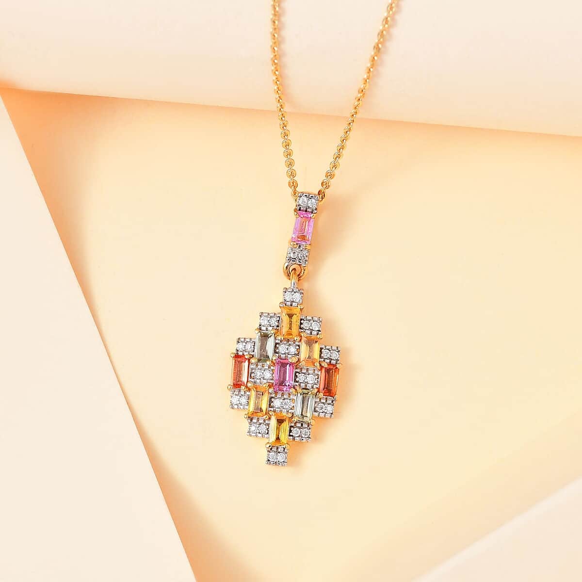 Multi Sapphire and Moissanite 1.25 ctw Art Deco Pendant Necklace in 18K Vermeil Yellow Gold Over Sterling Silver 20 Inches image number 1