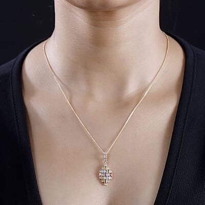 Multi Sapphire and Moissanite 1.25 ctw Art Deco Pendant Necklace in 18K Vermeil Yellow Gold Over Sterling Silver 20 Inches