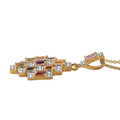 Multi Sapphire and Moissanite 1.25 ctw Art Deco Pendant Necklace in 18K Vermeil Yellow Gold Over Sterling Silver 20 Inches