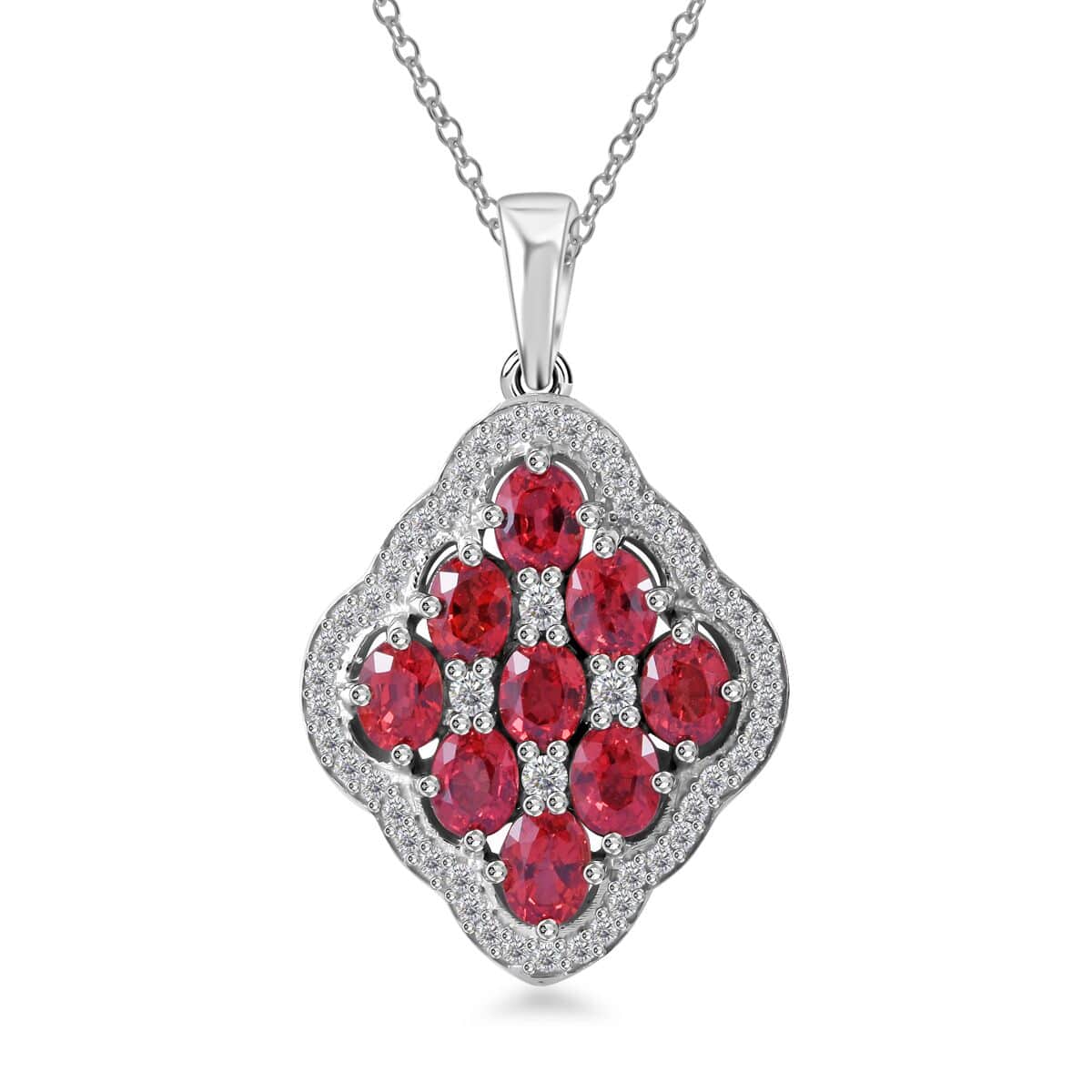 Sanguine Sapphire and White Zircon Art Deco Pendant Necklace 18 Inches in Rhodium Over Sterling Silver 2.55 ctw image number 0