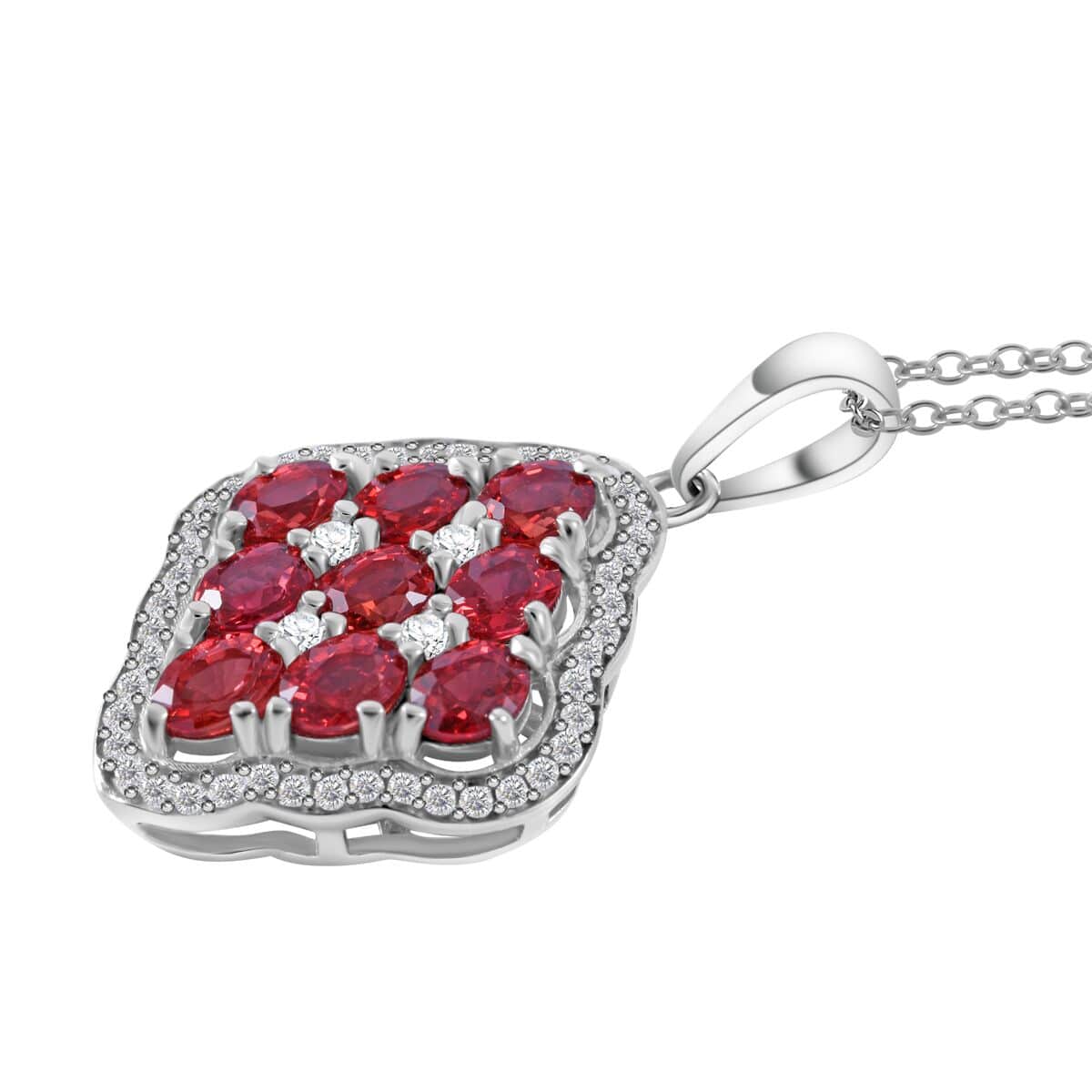 Sanguine Sapphire and White Zircon Art Deco Pendant Necklace 18 Inches in Rhodium Over Sterling Silver 2.55 ctw image number 2
