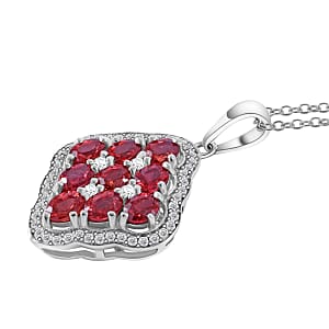 Sanguine Sapphire and White Zircon Art Deco Pendant Necklace 18 Inches in Rhodium Over Sterling Silver 2.55 ctw