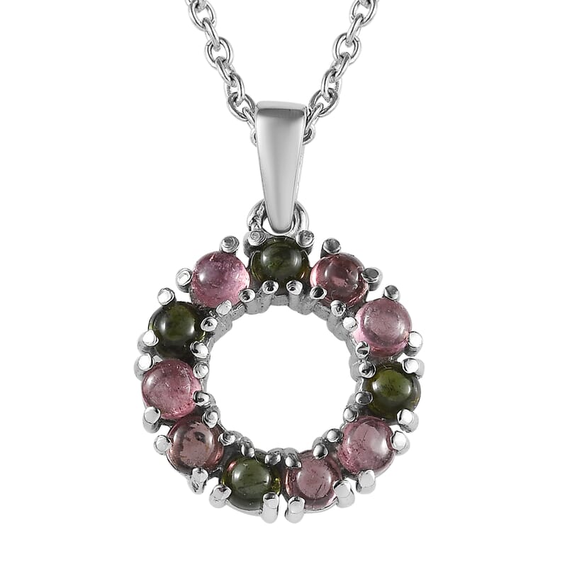 Multi-Tourmaline 1.10 ctw Circle Pendant Necklace in Stainless Steel 20 Inches