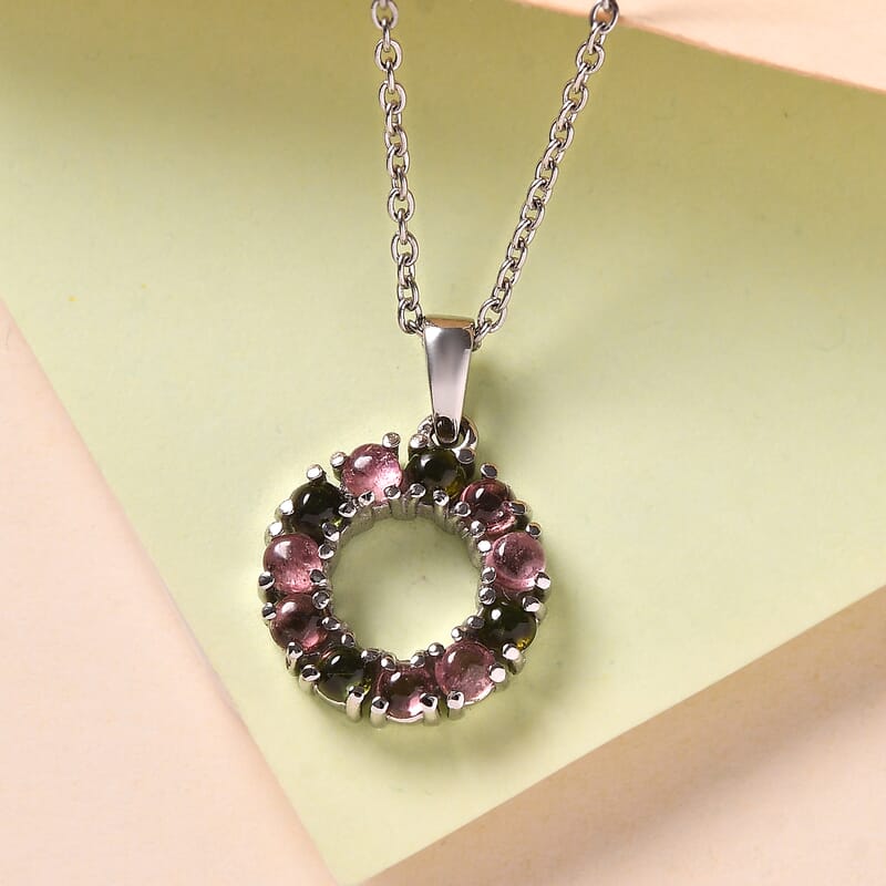 Multi-Tourmaline 1.10 ctw Circle Pendant Necklace in Stainless Steel 20 Inches