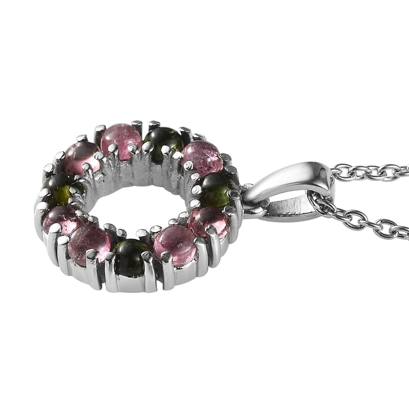 Multi-Tourmaline 1.10 ctw Circle Pendant Necklace in Stainless Steel 20 Inches