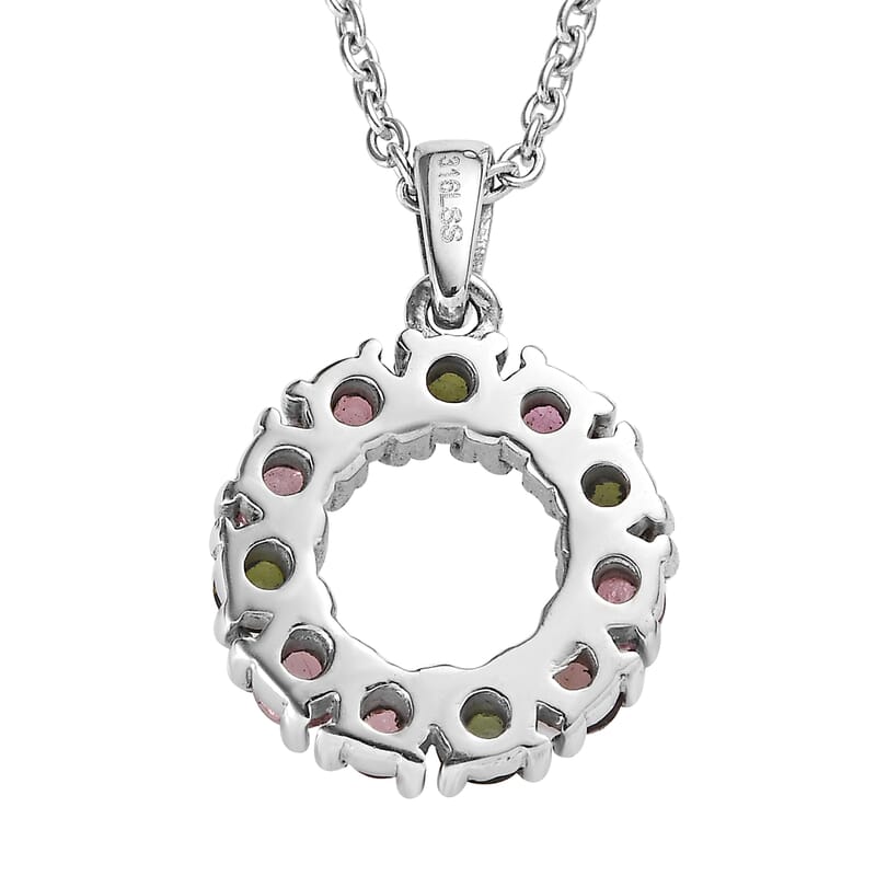 Multi-Tourmaline 1.10 ctw Circle Pendant Necklace in Stainless Steel 20 Inches