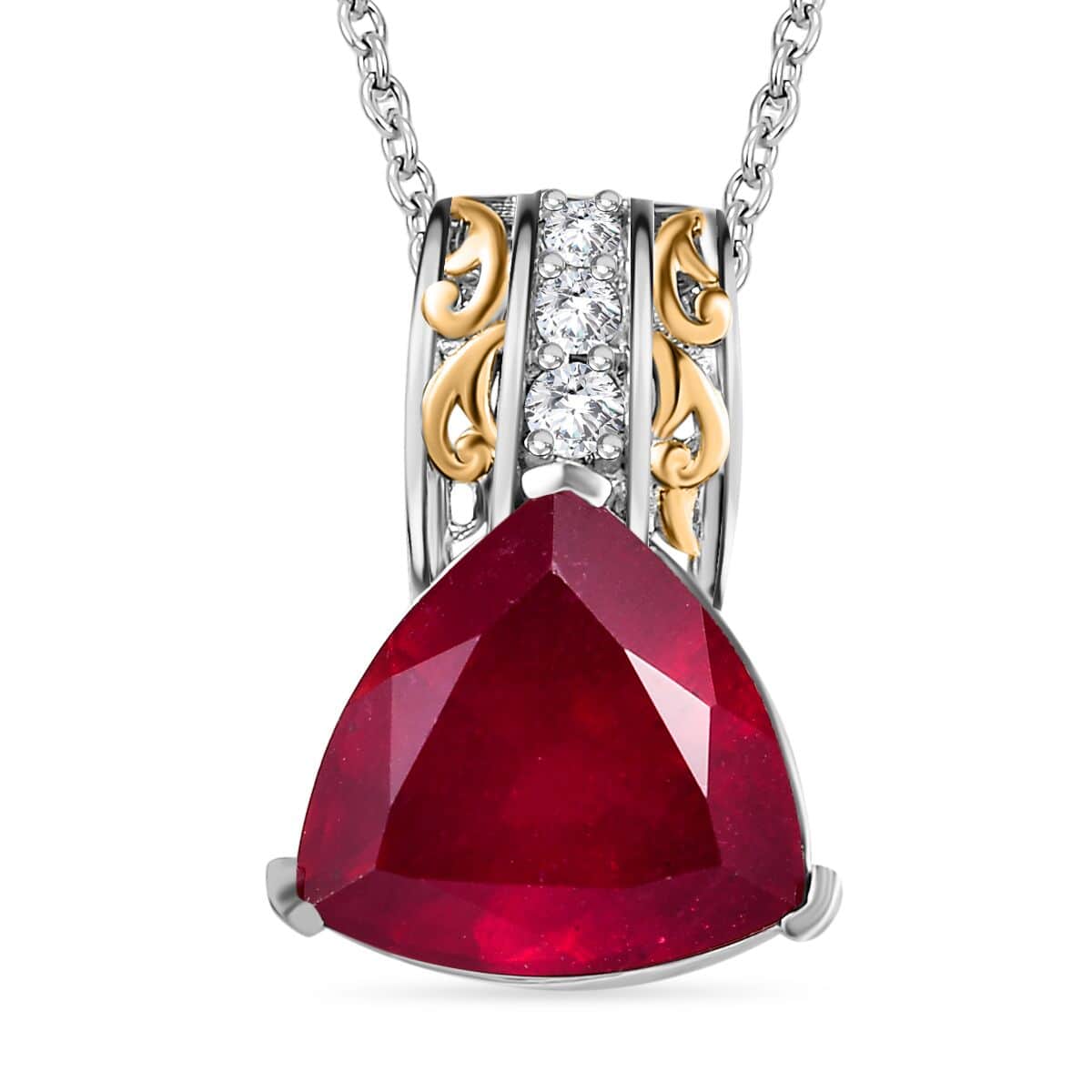 Niassa Ruby (FF) and White Zircon Pendant Necklace 20 Inches in 18K Vermeil YG and Rhodium Over Sterling Silver 8.15 ctw image number 0