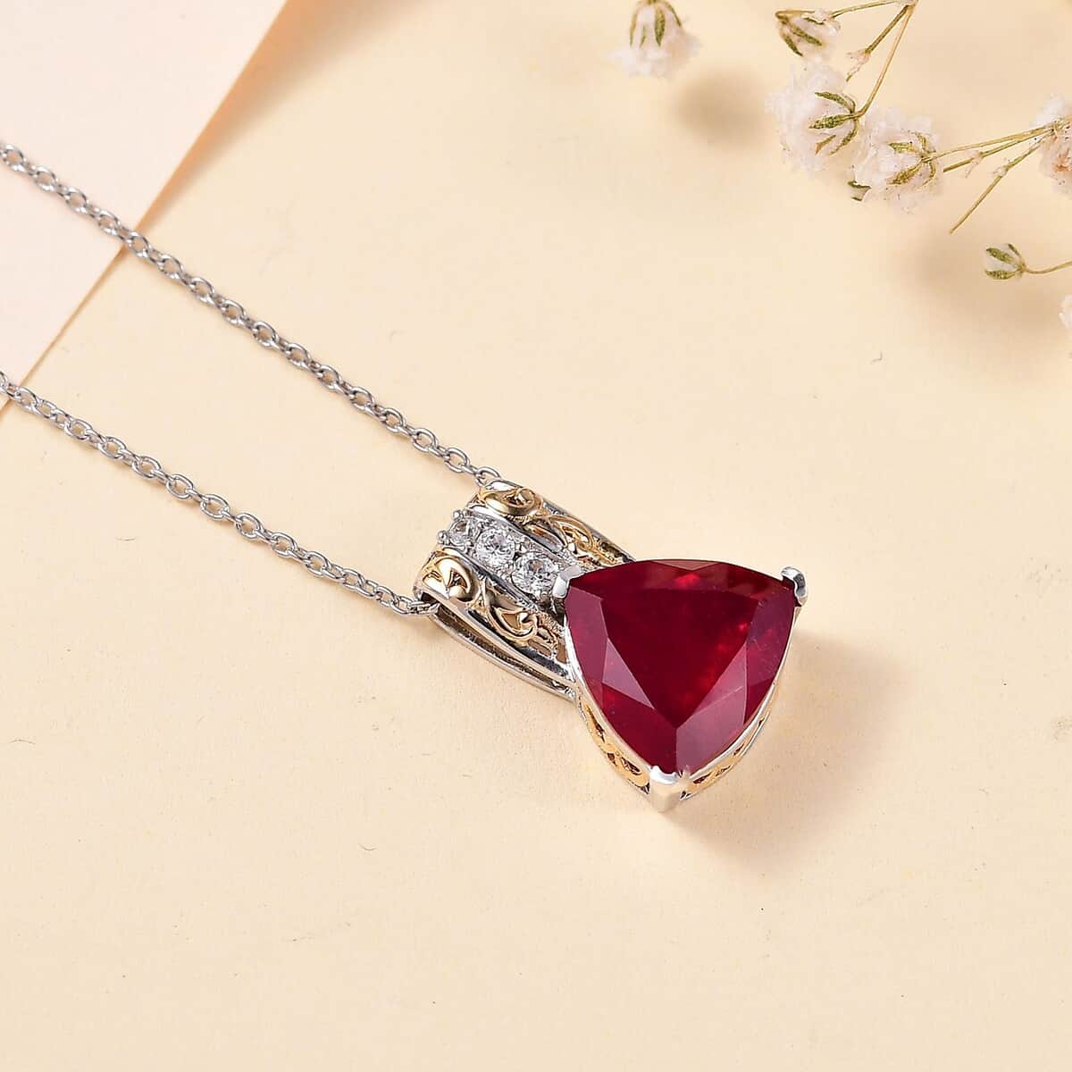 Niassa Ruby (FF) and White Zircon Pendant Necklace 20 Inches in 18K Vermeil YG and Rhodium Over Sterling Silver 8.15 ctw image number 1