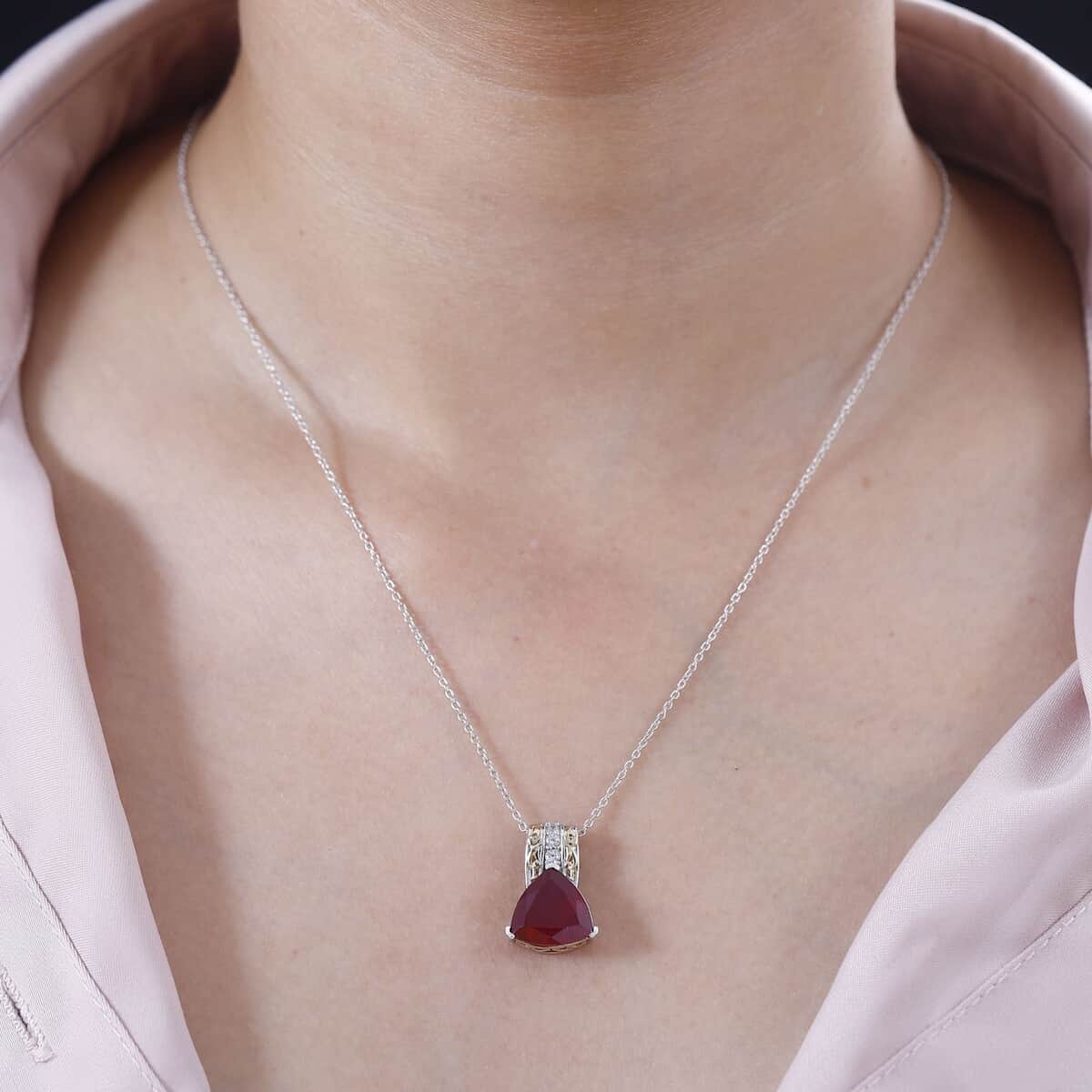 Niassa Ruby (FF) and White Zircon Pendant Necklace 20 Inches in 18K Vermeil YG and Rhodium Over Sterling Silver 8.15 ctw image number 2