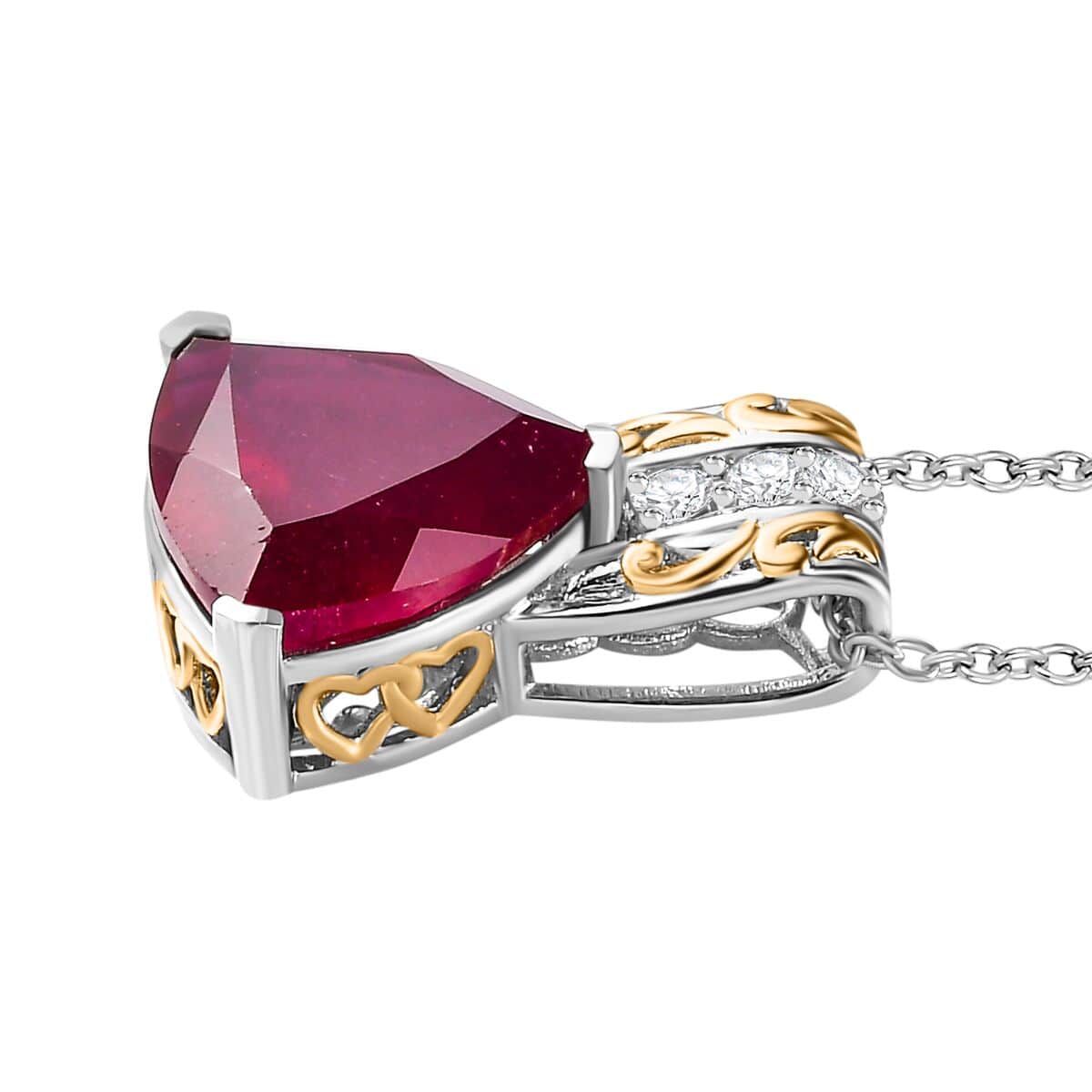 Niassa Ruby (FF) and White Zircon Pendant Necklace 20 Inches in 18K Vermeil YG and Rhodium Over Sterling Silver 8.15 ctw image number 3