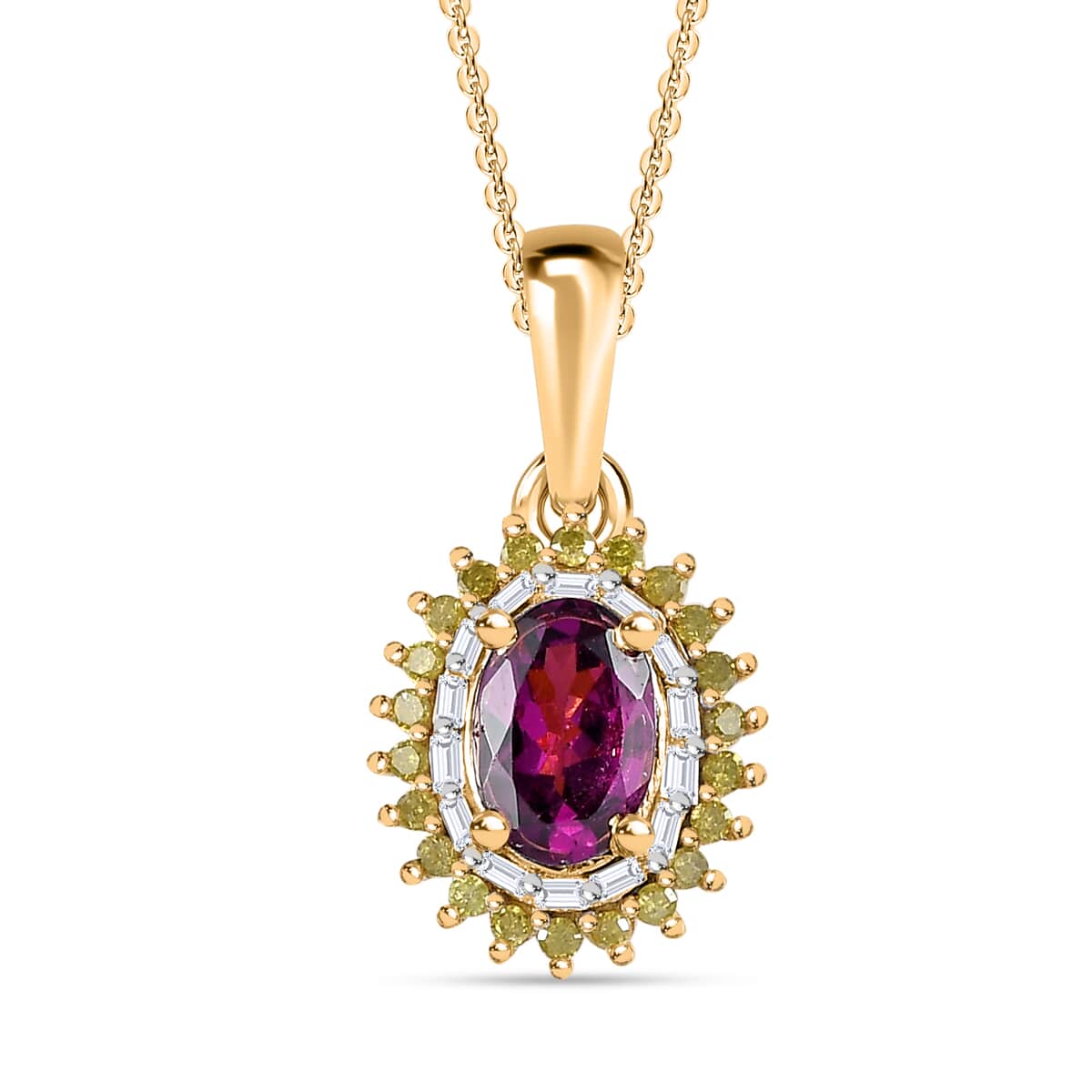 Premium Radiant Ember Garnet, Yellow and White Diamond Sunburst Pendant Necklace 20 Inches in 18K Vermeil Yellow Gold Over Sterling Silver 1.15 ctw image number 0