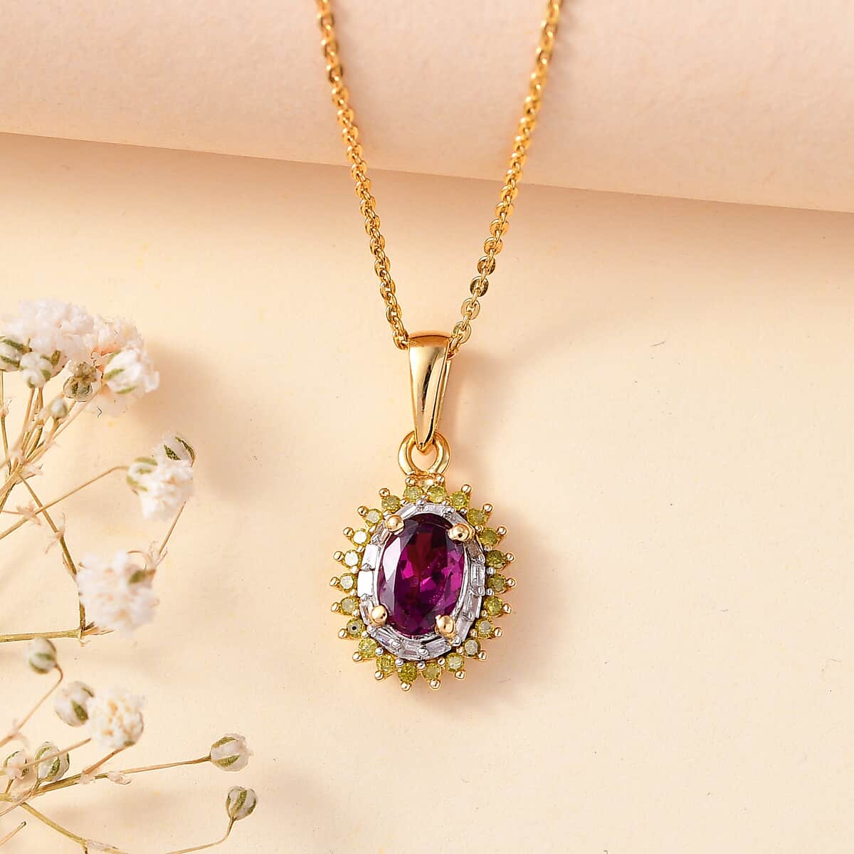 Premium Radiant Ember Garnet, Yellow and White Diamond Sunburst Pendant Necklace 20 Inches in 18K Vermeil Yellow Gold Over Sterling Silver 1.15 ctw image number 1