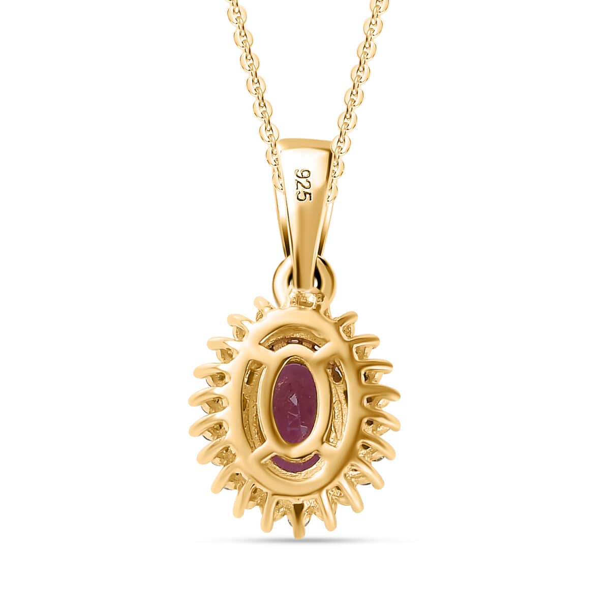 Premium Radiant Ember Garnet, Yellow and White Diamond Sunburst Pendant Necklace 20 Inches in 18K Vermeil Yellow Gold Over Sterling Silver 1.15 ctw image number 4