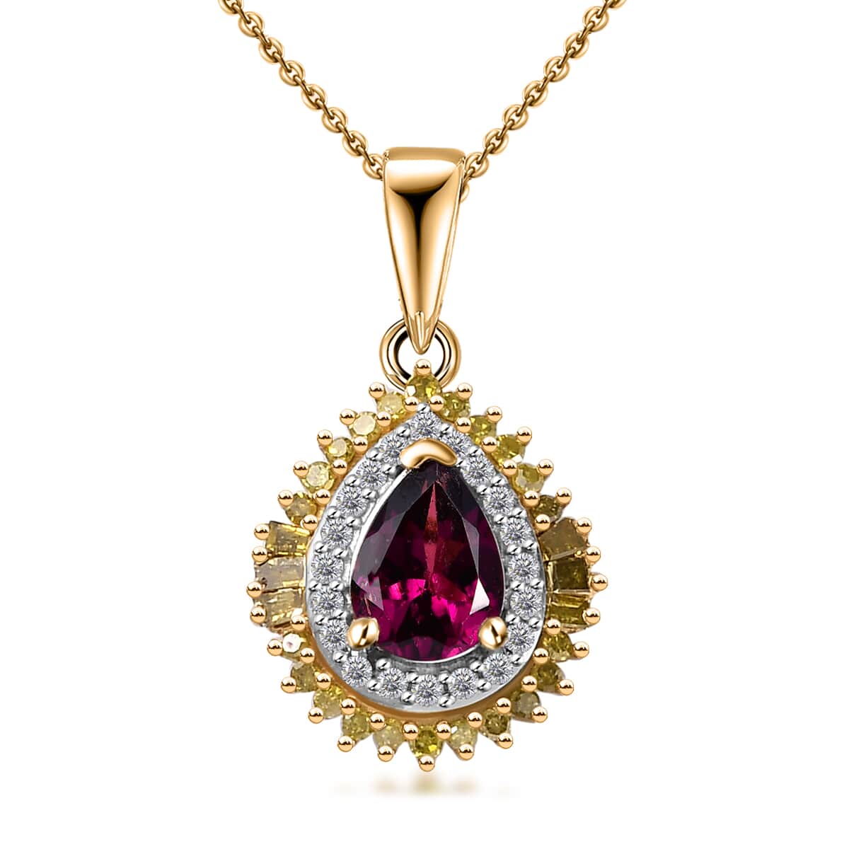 Premium Radiant Ember Garnet, Yellow and White Diamond Sunburst Pendant Necklace 20 Inches in 18K Vermeil Yellow Gold Over Sterling Silver 1.10 ctw image number 0