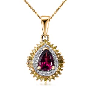 Premium Radiant Ember Garnet, Yellow and White Diamond Sunburst Pendant Necklace 20 Inches in 18K Vermeil Yellow Gold Over Sterling Silver 1.10 ctw