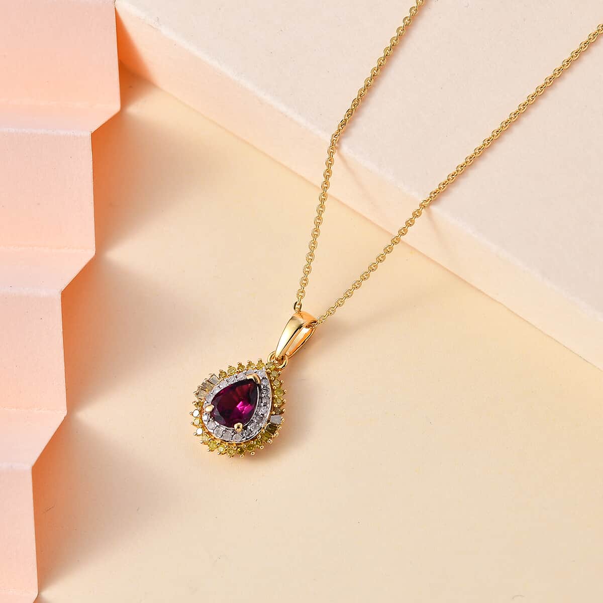 Premium Radiant Ember Garnet, Yellow and White Diamond Sunburst Pendant Necklace 20 Inches in 18K Vermeil Yellow Gold Over Sterling Silver 1.10 ctw image number 1