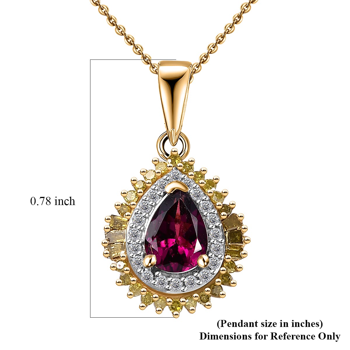 Premium Radiant Ember Garnet, Yellow and White Diamond Sunburst Pendant Necklace 20 Inches in 18K Vermeil Yellow Gold Over Sterling Silver 1.10 ctw