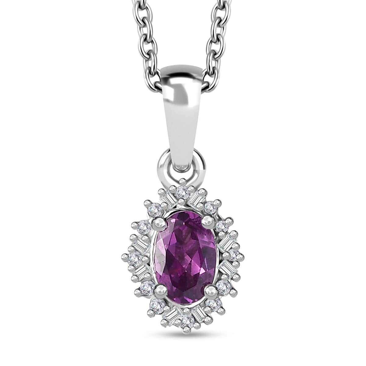 Radiant Ember Garnet and Diamond Art Deco Pendant Necklace 20 Inches in Rhodium Over Sterling Silver 0.60 ctw image number 0