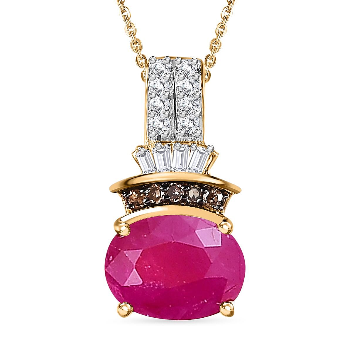 Premium Montepuez Ruby, Natural Champagne and White Diamond Pendant Necklace 20 Inches in 18K Vermeil Yellow Gold Over Sterling Silver
