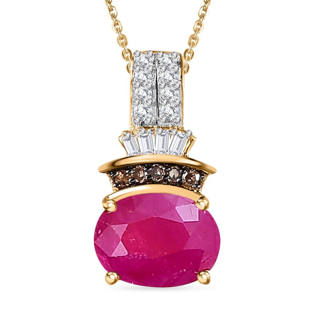 Premium Montepuez Ruby, Natural Champagne and White Diamond Pendant Necklace 20 Inches in 18K Vermeil Yellow Gold Over Sterling Silver image number 0