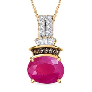 Premium Montepuez Ruby, Natural Champagne and White Diamond Pendant Necklace 20 Inches in 18K Vermeil Yellow Gold Over Sterling Silver