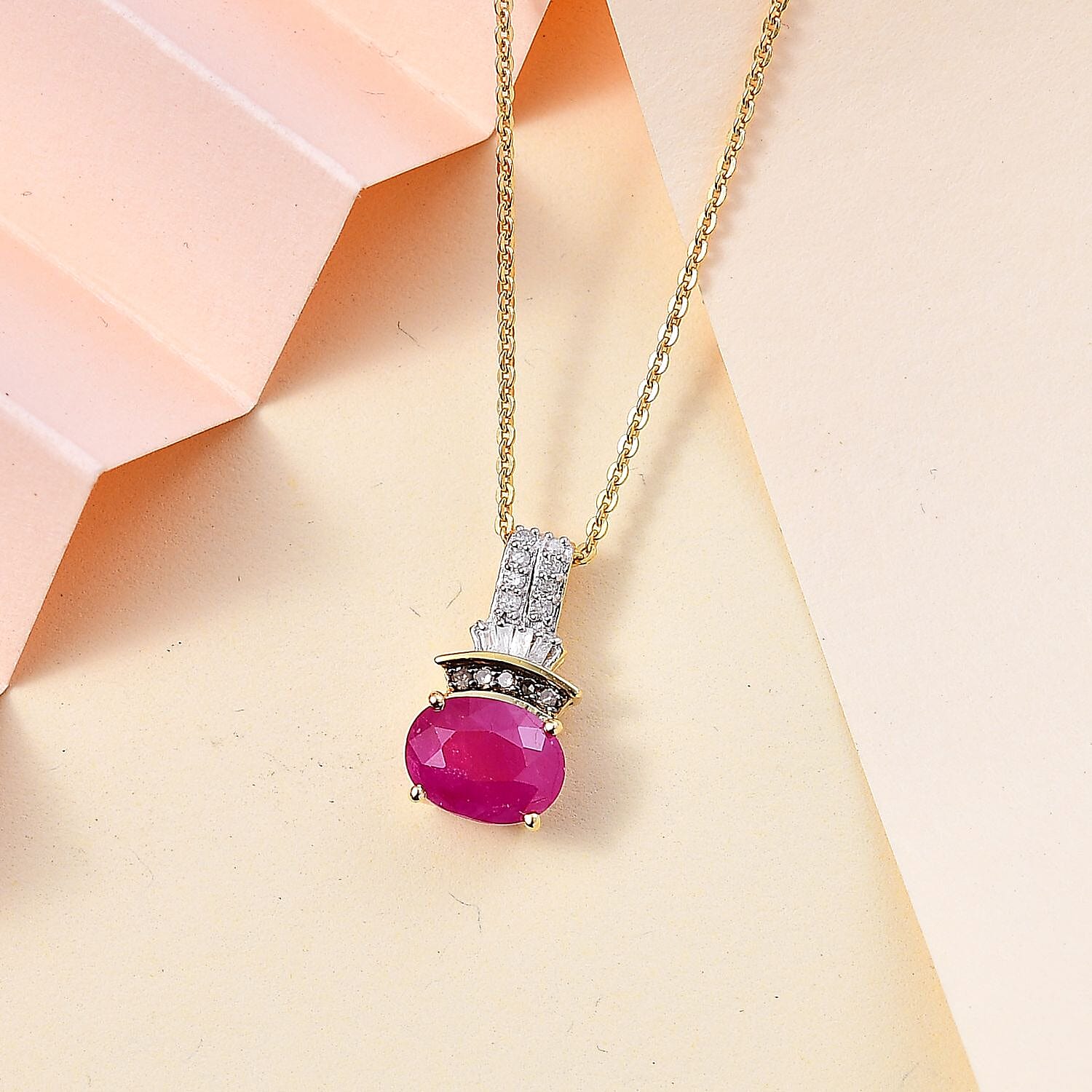 Premium Montepuez Ruby, Natural Champagne and White Diamond Pendant Necklace 20 Inches in 18K Vermeil Yellow Gold Over Sterling Silver