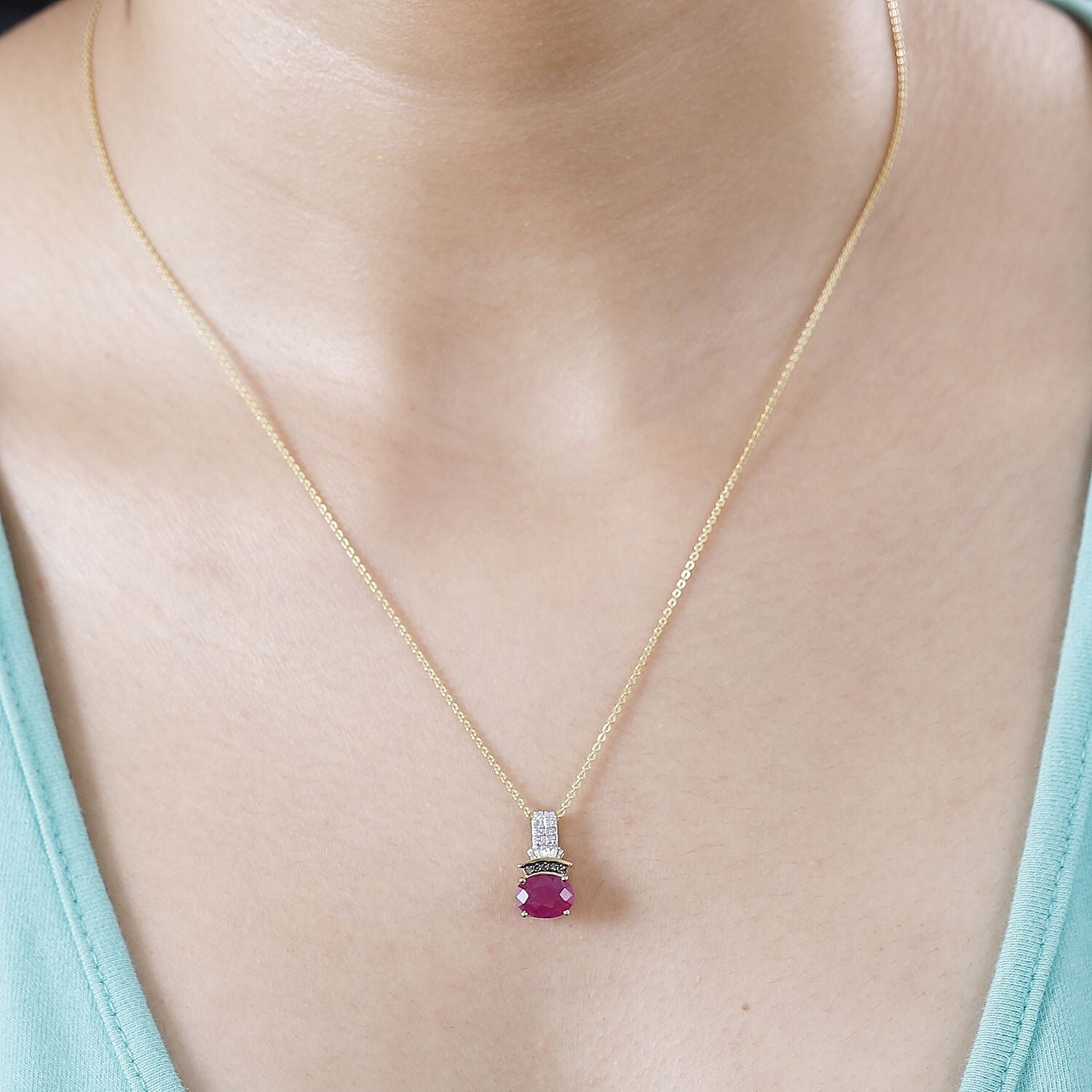 Premium Montepuez Ruby, Natural Champagne and White Diamond Pendant Necklace 20 Inches in 18K Vermeil Yellow Gold Over Sterling Silver